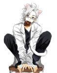  1boy animal_ears black_pants black_shirt cat_boy cat_ears cat_tail doughnut food food_in_mouth full_body highres kanou_aogu lab_coat long_sleeves male_focus on_stool pants purple_eyes saibou_shinkyoku seponoli shirt short_hair sketch solo tail white_background white_hair 