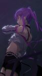 1girl bare_shoulders belt black_shirt black_shorts blurry blurry_foreground closed_mouth ear_piercing from_side green_eyes hand_up highres hololive jacket licking_lips long_hair midriff navel_piercing off_shoulder panda_0035 piercing pointy_ears purple_hair shirt short_shorts shorts sidelocks sideways_mouth solo tail tokoyami_towa tongue tongue_out twintails virtual_youtuber white_jacket 