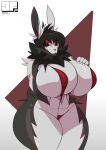  2023 abs abstract_background absurd_res anthro big_breasts bikini black_body black_fur black_hair black_sclera breasts cel_shading clothed clothing colored digital_drawing_(artwork) digital_media_(artwork) eden_(gamesfan) eyebrows female fur gamesfan hair hare hi_res hip_tuft huge_breasts huge_hips huge_thighs inner_ear_fluff lagomorph leporid looking_at_viewer mammal mane mature_female navel neck_tuft nipple_outline rabbit red_body red_clothing red_eyebrows red_eyes red_fur shaded short_hair signature skimpy skimpy_bikini smile soft_abs solo swimwear thick_thighs tuft white_body white_fur wide_hips 