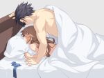  1boy 1girl arm_support bed blue_hair blue_ribbon bow_removed brown_hair closed_eyes commentary eiyuu_densetsu hakuleg implied_sex long_hair lying nude on_stomach pillow prone_bone rean_schwarzer ribbon sen_no_kiseki sex sex_from_behind short_hair simple_background symbol-only_commentary towa_herschel under_covers 