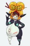  areola big_breasts blonde_hair breasts cosplay eyewear female fusion glasses green_areola green_nipples hair hand_on_hip hi_res humanoid humanoid_pointy_ears imp markings matospectoru midna multicolored_body nintendo nipples not_furry pregnant purah red_eyes smile solo tattoo the_legend_of_zelda thick_thighs twili twilight_princess two_tone_body yellow_sclera 