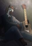  anthro biped brown_hair claws clothed clothing eyebrows eyewear fingers glasses guitar hair hi_res hyena male mammal munkeesgomu musical_instrument plucked_string_instrument smile solo string_instrument tail 