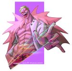 1boy abs bare_pectorals blonde_hair coat donquixote_doflamingo evil_smile feather_coat foreshortening from_below groin highres keysandcrosses male_focus muscular muscular_male navel one_piece open_clothes open_mouth open_shirt pectorals pink_nails shirt short_hair smile solo sparse_navel_hair string sunglasses tongue tongue_out 