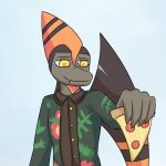  1:1 2023 anthro brown_body brown_hair brown_scales claws clothing digital_drawing_(artwork) digital_media_(artwork) dinosaur dress_shirt fingers food goodbye_volcano_high hair head_crest hi_res jacket male naser_(gvh) pizza pizza_slice pterodactylus pterosaur reptile scales scalie scar shattercore03 shirt short_hair simple_background smile snoot_game_(fan_game) snout solo topwear wings yellow_eyes 