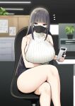  1girl black_hair breasts cellphone highres holding holding_phone huge_breasts looking_at_viewer mask mouth_mask notice_lines original phone sitting sky-freedom smartphone solo thighs 