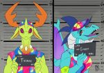  anthro anthrofied arthropod barbie_and_ken_mugshot_meme blue_body blue_scales changeling clothing dragon fangs friendship_is_magic hasbro holding_object horn mandibles meme mugshot my_little_pony open_mouth pose princess_ember_(mlp) purple_eyes red_eyes reformed_changeling scales sharp_teeth teeth thorax_(mlp) tie_dye visor zwitterkitsune 