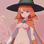 1girl asymmetrical_bangs blush breasts cloak commentary cropped dragon_quest dragon_quest_iii english_commentary female_pubic_hair gloves lamb-oic029 looking_at_viewer mage_(dq3) medium_breasts naked_cloak navel nipples nude orange_cloak orange_gloves orange_hair pubic_hair pubic_hair_peek solo 