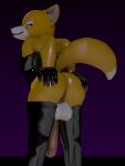  3d_(artwork) absurd_res anthro balls big_penis bottomless canid canine clothed clothing digital_media_(artwork) fox fox_mccloud fur genitals gloves handwear hi_res latex latex_clothing male mammal nintendo penis rubber rubber_clothing shirt simple_background smile solo star_fox tail themeshow101 topwear 