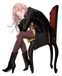  black_coat black_footwear breasts chair coat fate:lost_einherjar fate_(series) green_eyes highres large_breasts looking_at_viewer miwa_shirow non-web_source official_art open_clothes open_coat pantyhose remina_eltfrom_yggdmillennia sitting 