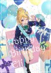  ayase_eli balloon birthday blonde_hair blue_eyes box character_name commentary confetti english_text from_above gift gift_box happy_birthday high_ponytail highres long_hair love_live! love_live!_school_idol_project one_eye_closed otonokizaka_school_uniform sash school_uniform sitting smile suito white_background 