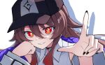  1girl alternate_costume baseball_cap black_choker black_headwear black_nails brown_hair choker collared_shirt covered_collarbone drop_shadow flower-shaped_pupils genshin_impact hair_between_eyes hand_on_own_head hat head_rest highres hu_tao_(genshin_impact) jacket long_hair looking_at_viewer open_mouth portrait purple_jacket reaching reaching_towards_viewer red_eyes shirt shockwhite3 sidelocks simple_background sleeveless sleeveless_shirt solo symbol-shaped_pupils twitter_username white_background white_shirt 