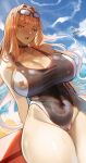  1girl absurdres bare_shoulders beach black_one-piece_swimsuit blue_sky blush breasts choker cleavage collarbone covered_navel eyewear_on_head goddess_of_victory:_nikke highleg highleg_swimsuit highres large_breasts long_hair looking_at_viewer nyahpa20 one-piece_swimsuit open_mouth orange_eyes orange_hair rapi_(nikke) sky solo sunglasses surfboard swimsuit thighs wet 