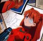  4zw89qkqagggcf7 bandage_over_one_eye blue_eyes bodysuit breasts closed_mouth expressionless highres id_card interface_headset neon_genesis_evangelion orange_hair pen photo_(object) pilot_suit plugsuit red_bodysuit shadow souryuu_asuka_langley translation_request 