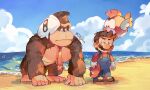  2boys absurdres artist_name beach blooper_(mario) blue_eyes blue_overalls blue_pants blue_sky blush brown_eyes brown_footwear brown_hair buttons cheep_cheep closed_mouth cloud commentary day donkey_kong facial_hair gloves hanaon hat hat_removed headwear_removed highres holding holding_clothes holding_hat horizon long_sleeves looking_at_another male_focus mario mario_(series) multiple_boys mustache necktie ocean outdoors overalls pants red_headwear red_necktie red_shirt shirt shoes short_hair sideways_glance signature sky standing symbol-only_commentary twitter_username unamused v-shaped_eyebrows water wet wet_clothes wet_hair white_gloves 