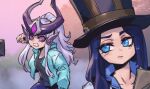  2girls alternate_costume angry black_hair black_headwear black_shirt blue_eyes brown_headwear brown_jacket caitlyn_(league_of_legends) clenched_hand clenched_teeth collarbone colored_sclera fake_elf_ears grey_jacket hand_up hat jacket league_of_legends long_hair long_sleeves multicolored_background multiple_girls open_clothes open_jacket pants phantom_ix_row pink_sclera pointy_ears ponytail shirt syndra teeth top_hat wavy_mouth 