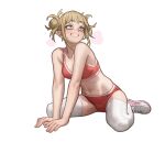  1girl absurdres arm_support blonde_hair boku_no_hero_academia double_bun full_body grin hair_bun highres kneehighs lentiyay messy_hair navel shoes simple_background sitting smile sneakers socks solo sweat teeth toga_himiko underwear wariza white_background white_socks yellow_eyes 