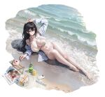  1girl absurdres ahoge arm_up azur_lane bare_shoulders barefoot beach bikini black_hair bottle breasts cellphone cleavage collarbone feet full_body hair_between_eyes highres huge_breasts iphone legs long_hair long_sleeves looking_at_viewer lying messy_hair navel ocean off_shoulder official_alternate_costume official_art on_back one_side_up open_clothes open_shirt outdoors palm_leaf palm_tree phone red_eyes sand shirt side-tie_bikini_bottom sideboob skindentation smartphone stomach string_bikini surcouf_(azur_lane) surcouf_(loisirs_balneaires)_(azur_lane) swimsuit taihou_(azur_lane) taihou_(seaside_daydreams)_(azur_lane) thigh_strap thighs toes tree very_long_hair water wet wet_clothes wet_shirt white_bikini white_shirt yunsang 