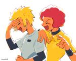  2boys afro alternate_costume blonde_hair closed_eyes collared_shirt flint_(pokemon) highres hmtmgl laughing male_focus multiple_boys pokemon pokemon_(game) pokemon_dppt red_hair shirt simple_background smile upper_body volkner_(pokemon) white_background wristband yellow_shirt 