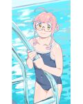  1girl ahoge blue_background blue_one-piece_swimsuit breasts collarbone competition_school_swimsuit covered_navel cowboy_shot double_bun hair_bun highres kantai_collection long_hair looking_at_viewer makigumo_(kancolle) ojipon one-piece_swimsuit open_mouth pink_hair pool_ladder school_swimsuit sidelocks small_breasts smile solo swimsuit upper_body water yellow_eyes 