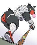  anthro bandit_(imfeelingbleu) baseball_bat baseball_cap baseball_uniform bat_(object) black_body black_fur bubble_gum butt clothing fur generation_2_pokemon haps hat headgear headwear hi_res houndour jockstrap low-angle_view male muscular muscular_male nintendo pantsless pokemon pokemon_(species) red_body red_fur simple_background solo sportswear underwear uniform white_background 