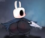  2023 anthro arthropod axoarts balls big_butt black_body black_eyes blue_cloak blue_clothing blush bodily_fluids butt cloak clothing digital_media_(artwork) empty_eyes genitals holding_object hollow_knight horn insect looking_at_viewer looking_back male melee_weapon on_ground polearm rear_view reddened_butt solo spear standing sweat team_cherry the_knight_(hollow_knight) thick_thighs vessel_(species) weapon 