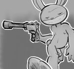  2023 absurd_res anthro balls digital_media_(artwork) genitals gun handgun hi_res holding_object holding_weapon lagomorph leporid male mammal max_(sam_and_max) monochrome nude penis pistol rabbit ram_satinga ranged_weapon sam_and_max smile solo teeth weapon 