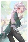  1girl absurdres ahoge animal_ears black_pants cat_ears cat_girl cat_tail cloak day elderflower elf forest gloves green_cloak highres jacket looking_at_viewer mushoku_tensei nature outdoors pants paw_pose pointy_ears red_eyes short_hair solo sylphiette_(mushoku_tensei) tail tail_through_clothes tree white_gloves white_hair white_jacket 