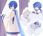 !? &gt;_&lt; 1boy 1other blanket blue_eyes blue_hair blush kaito_(vocaloid) long_sleeves looking_at_another mogu_(wy5xrt7w) open_mouth project_diva_(series) short_hair smile translated under_covers vocaloid 