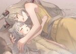  2girls aged_down animal_ears braid cat_ears closed_eyes commentary_request facial_mark fang grey_hair highres hug lying mio_(xenoblade) multiple_girls nia_(xenoblade) on_side shirt sleeveless sleeveless_shirt twitter_username xenoblade_chronicles_(series) xenoblade_chronicles_3 yanagimachi 