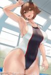 1girl :d alternate_costume arm_up armpits black_one-piece_swimsuit breasts brown_hair collarbone commentary_request commission competition_swimsuit green_eyes hair_between_eyes headgear highleg highleg_swimsuit highres indoors kantai_collection kusaka_souji large_breasts looking_at_viewer mutsu_(kancolle) one-piece_swimsuit partially_submerged pool short_hair sideboob skeb_commission smile solo swimsuit teeth two-tone_swimsuit upper_teeth_only wet white_one-piece_swimsuit 