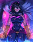  1girl artist_name black_hair blue_eyes bodysuit boku_no_hero_academia breasts cape commentary cowboy_shot english_commentary gloves hair_between_eyes iahfy injury large_breasts mole mole_under_mouth muscular muscular_female patreon_username shimura_nana solo torn_clothes twitter_username watermark 
