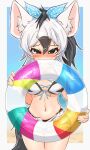  1girl :&lt; aardwolf_(kemono_friends) aardwolf_ears aardwolf_girl aardwolf_print aardwolf_tail animal_ear_fluff animal_ears animal_print beach bikini bikini_under_clothes black_eyes black_hair blue_bow blush bow brown_hair closed_mouth cowboy_shot day embarrassed extra_ears eyelashes front-tie_bikini_top front-tie_top furrowed_brow hair_between_eyes hair_bow hands_up high_ponytail highres holding holding_innertube innertube jewelry kemono_friends long_hair looking_at_viewer multicolored_hair navel necklace nose_blush official_alternate_costume open_clothes open_fly open_shorts outdoors polka_dot polka_dot_bow print_bikini print_shorts sand shell shell_necklace short_shorts shorts skindentation solo stomach swimsuit tail unbuttoned white_hair wonderful_waon 