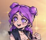  1girl blush breasts cleavage k/da_(league_of_legends) k/da_kai&#039;sa kai&#039;sa league_of_legends looking_to_the_side official_alternate_costume official_alternate_hairstyle open_mouth phantom_ix_row purple_eyes purple_hair smile solo sparkle teeth 