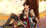  1boy 1girl belt black_hair blue_flower bread brown_hair cross-laced_clothes cross-laced_top eren_yeager falling_leaves flower food grass hand_on_another&#039;s_head hetero holding holding_flower hunnymzdraws leaf long_skirt long_sleeves looking_at_another lying_on_person mikasa_ackerman open_clothes outdoors picnic_basket pink_skirt red_scarf scarf shingeki_no_kyojin sitting skirt smile tree 