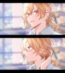  ! 1boy blonde_hair blush closed_mouth collared_shirt earrings embarrassed genshin_impact highres jewelry kaveh_(genshin_impact) light_brown_hair male_focus medium_hair open_mouth red_eyes rubbing_neck shirt skerau solo speech_bubble spoken_blush white_shirt 