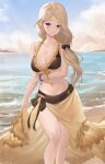  1girl beach bikini blonde_hair blue_eyes blue_sky breasts brown_bikini cleavage collarbone commentary_request feet_out_of_frame fire_emblem fire_emblem:_three_houses fire_emblem_heroes haru_(nakajou-28) highres large_breasts long_hair looking_at_viewer mercedes_von_martritz mercedes_von_martritz_(summer) navel ocean official_alternate_costume outdoors parted_lips sarong sky solo standing stomach swimsuit thighs water 