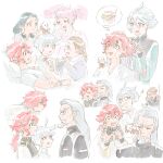  2boys 6+girls absurdres afro_puffs ahoge aliya_mahvash angry asticassia_school_uniform beard bed black_hair braid brown_hair chuatury_panlunch delling_rembran eating ericht_samaya facial_hair father_and_daughter feeding flying_kick ghost green_eyes grey_hair gundam gundam_suisei_no_majo highres hospital_bed hots_(gundam_suisei_no_majo) kicking lilique_kadoka_lipati long_hair miorine_rembran multiple_boys multiple_girls open_mouth pillow pink_eyes pink_hair school_uniform simple_background smile spacesuit suletta_mercury surprised thick_eyebrows thought_bubble white_background white_hair yaco_(085) 