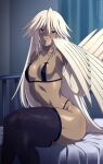  1girl bare_shoulders bed black_bra black_panties blonde_hair blush bra breasts collarbone commentary crossed_legs curtains dark-skinned_female dark_skin english_commentary feathered_wings feathers hair_between_eyes harpy highleg highleg_panties highres lindaroze long_hair mature_female micro_bra monster_girl monster_musume_no_iru_nichijou on_bed paid_reward_available panties papi&#039;s_mother parted_lips pillow sidelighting sitting smile solo thighs twitter_username underwear underwear_only very_long_hair watermark web_address winged_arms wings yellow_eyes 