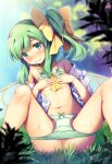  1girl blush bra chima_q closed_mouth daiyousei fairy fairy_wings flat_chest grass green_bra green_eyes green_hair green_panties highres long_hair looking_at_viewer one_side_up panties panty_pull shirt solo touhou underwear white_shirt wings 