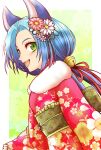  1girl animal_ears bell blue_hair cat_ears flower green_eyes hair_bell hair_flower hair_ornament hair_ribbon highres japanese_clothes kimono long_hair looking_at_viewer low_twintails meracle_chamlotte open_mouth ribbon smile solo star_ocean star_ocean_the_last_hope tail twintails 