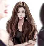  1girl absurdres black_dress black_eyes blurry blurry_foreground brown_hair crossed_arms dress expressionless highres jiu_hao_taiyang_de_shexian k-pop long_hair looking_at_viewer real_life realistic simple_background solo_focus twice_(group) tzuyu_(twice) upper_body white_background 