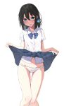  1girl absurdres ass_visible_through_thighs black_hair blue_bow blue_eyes blue_skirt blush bow bow_panties cac_itinose collared_shirt commentary_request diagonal-striped_bow dress_shirt feet_out_of_frame groin hair_between_eyes highres lifted_by_self long_hair looking_at_viewer navel original panties parted_lips pleated_skirt see-through shirt simple_background skirt smile solo standing thigh_gap underwear wet wet_clothes wet_panties wet_shirt white_background white_panties white_shirt 