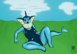  5_fingers absurd_res anthro anthrofied big_breasts blue_body blue_eyes bra breasts butt clothed clothing eeveelution female fingers generation_1_pokemon hi_res koth4 long_tail looking_at_viewer nintendo one-piece_swimsuit outside pokemon pokemon_(species) smile solo swimwear tail thick_thighs underwear vaporeon water 