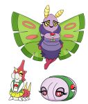  antennae_(anatomy) anthro armless bandage bottomwear breasts cascoon clothing dress dustox female generation_3_pokemon group hi_res horn jacket legless nintendo pokemon pokemon_(species) pupils purple_body red_body red_eyes shirt simple_background skirt topwear trio urusee584 white_background white_pupils wings wurmple yellow_eyes 