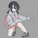  1girl backpack bag bandaid bandaid_on_leg black_hair commentary_request crossed_bandaids dot_mouth expressionless full_body grey_eyes grey_hoodie hair_bobbles hair_ornament hand_in_pocket highres himitsu_no_shougakusei_(vocaloid) holding holding_scissors hood hood_down hoodie jitome kaai_yuki long_sleeves looking_at_viewer low_twintails momochi_tama musical_note new_balance on_one_knee outstretched_arm pink_bag pink_skirt pleated_skirt randoseru scissors shoes skirt sneakers solo song_name translation_request twintails vocaloid 
