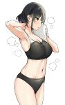  1girl armpits black_hair blush breasts cleavage commentary_request highres large_breasts midriff mio_(sky-freedom) navel original short_hair sky-freedom solo sweat towel yellow_eyes 