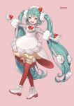  1girl aqua_eyes aqua_hair cherico commentary cream crypton_future_media dress food food-themed_hair_ornament fruit full_body furyu_sweet_sweets_series gloves hair_ornament hatsune_miku high_heels long_hair looking_at_viewer official_art open_mouth outstretched_arms pink_background red_thighhighs short_sleeves smile solo strawberry strawberry_hair_ornament teeth thighhighs twintails upper_teeth_only very_long_hair vocaloid walking white_dress white_footwear white_gloves white_headwear yellow_bloomers zettai_ryouiki 