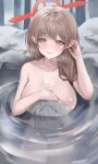  1girl absurdres blue_archive breasts brown_hair chinatsu_(blue_archive) closed_mouth collarbone covering halo hand_in_own_hair hand_up highres large_breasts light_smile long_hair looking_at_viewer nude_cover onsen partially_submerged pointy_ears rock sitting solo water wet wet_towel xu_wen_(bbb2822828) yellow_eyes 