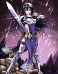  1girl armor ayra_(fire_emblem) black_gloves black_hair breastplate commentary_request commission dress earrings elbow_gloves fire_emblem fire_emblem:_genealogy_of_the_holy_war foreshortening gloves highres jewelry kakiko210 long_hair looking_at_viewer night night_sky pauldrons pelvic_curtain purple_eyes shooting_star shoulder_armor skeb_commission sky solo star_(sky) starry_sky sword thighhighs weapon 