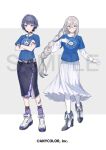  2girls aia_amare bandaid bandaid_on_leg black_skirt blonde_hair blue_eyes blue_hair blue_shirt braid collared_dress crossed_arms dress full_body glasses gloves hair_ornament kino_(kino_cono) koshimizu_toru long_hair long_sleeves multiple_girls nijisanji nijisanji_en official_art pantyhose purple_eyes round_eyewear sample_watermark shirt shirt_over_dress shoes short_hair single_braid skirt smile sneakers snowflake_hair_ornament swept_bangs t-shirt triangle_hair_ornament virtual_youtuber watermark white_dress white_footwear white_gloves white_pantyhose 